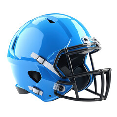 Fototapeta premium A shiny blue football helmet with a black facemask, featuring ventilation holes and camera mounts, designed for protection and performance in American football.