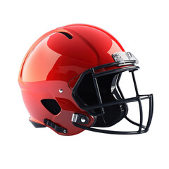 Fototapeta premium A vibrant red football helmet featuring a sleek design with a glossy finish and protective face guard, suitable for players in American football