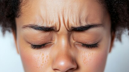 Obraz premium Closeup of Woman's Face with Eyes Closed and Wrinkled Forehead.