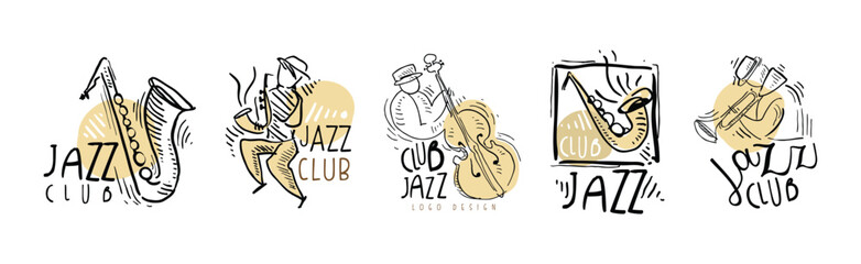 Jazz Club Logo Design with Hand Drawn Element Vector Set