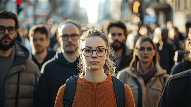 Large group of people standing in the street with focus on woman looking at camera