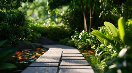 A serene garden pathway lined with lush green plants and vibrant flowers, inviting tranquility and relaxation amidst nature.