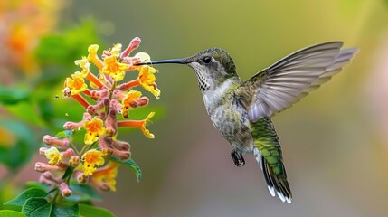 Fototapeta premium Witness the delicate beauty of a hummingbird as it expertly feeds on vibrant nectar-rich flowers in a lush, serene garden setting.