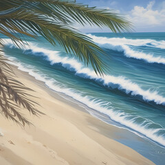 beach sand with palm branches on the background of the sea