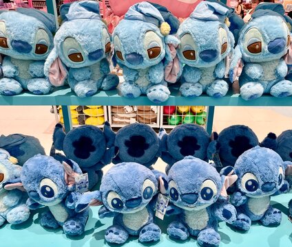 Jakarta, Indonesia - August 5th, 2024 - Stitch disney character doll and toy objects for sale in miniso store central park mall.