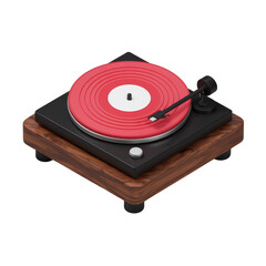 Fototapeta premium A vibrant red vinyl record on a classic turntable with a wooden base, showcasing a stylish and retro music experience