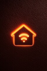 Fototapeta premium A maroon leather background with a soft glow behind a home icon with a WiFi symbol, symbolizing smart living in luxury.