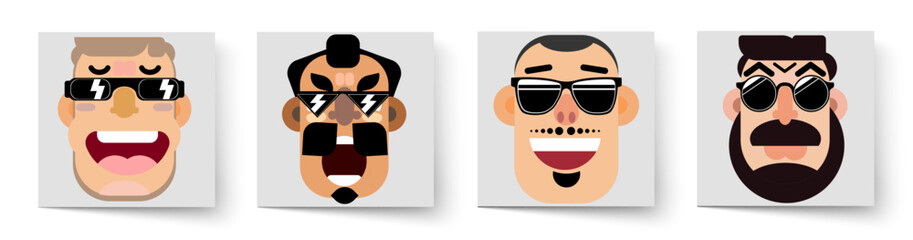 A set of stern faces. Wearing stylish glasses. Different expression on their faces. A mob boss. Bandit. Avatar. Close-up.
