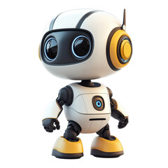 A cute, cartoonish robot with large eyes, a yellow earphone, and a friendly expression, designed for engagement and playfulness