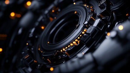 Fototapeta premium Close-up of futuristic technology mechanism with glowing elements. High-tech abstract background with intricate mechanical details.