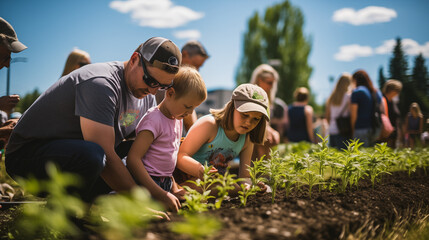 Fototapeta premium A family planting flowers together in a community garden, bright and clear afternoon sky