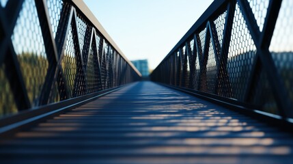 Close-up view of a metal bridge walkway with a blurred background, emphasizing geometric patterns and leading lines in the morning light.