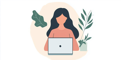 front view of a woman working in the laptop. vector illustration