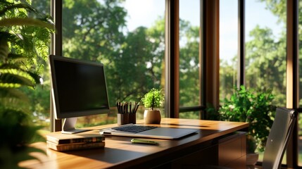 Fototapeta premium Cozy home office with a large window showing a green, scenic view. Laptop, plants, and a computer monitor creating a natural office environment.