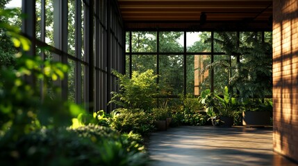 Fototapeta premium Cozy indoor garden with lush green plants by large sunlit windows, creating a refreshing and tranquil natural environment.