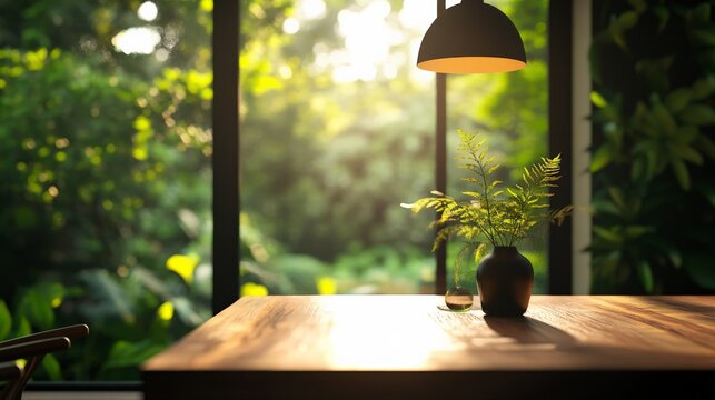 Fototapeta Cozy interior with a wooden table and vase of greenery by a window, overlooking a vibrant green garden illuminated by warm sunlight.
