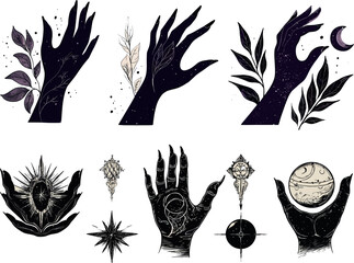 Mystic tattoo object logo of uplifted esoteric magic with silhouetted hands and stars.