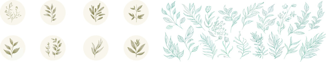 The set includes wreath borders branch and minimalist flowers. Hand drawn line wedding herb