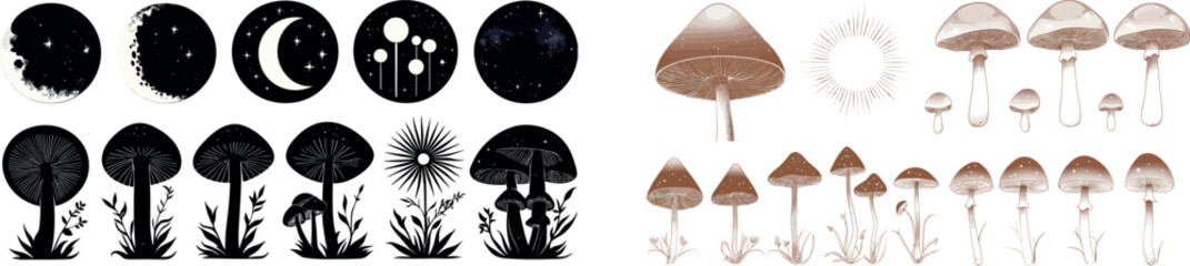 This logo set has different varieties of mystical mushrooms. Hippie magic boho cards. Psychedelic modern illustration