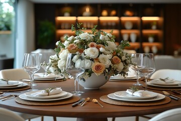 Fototapeta premium Elegant Floral Centerpiece on Modern Dining Table for Formal Party Decor