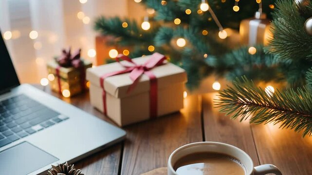 Cozy Christmas workspace with laptop, gift box, and coffee mug near decorated tree. Festive home office setup showcasing holiday season productivity and warm atmosphere for remote work
