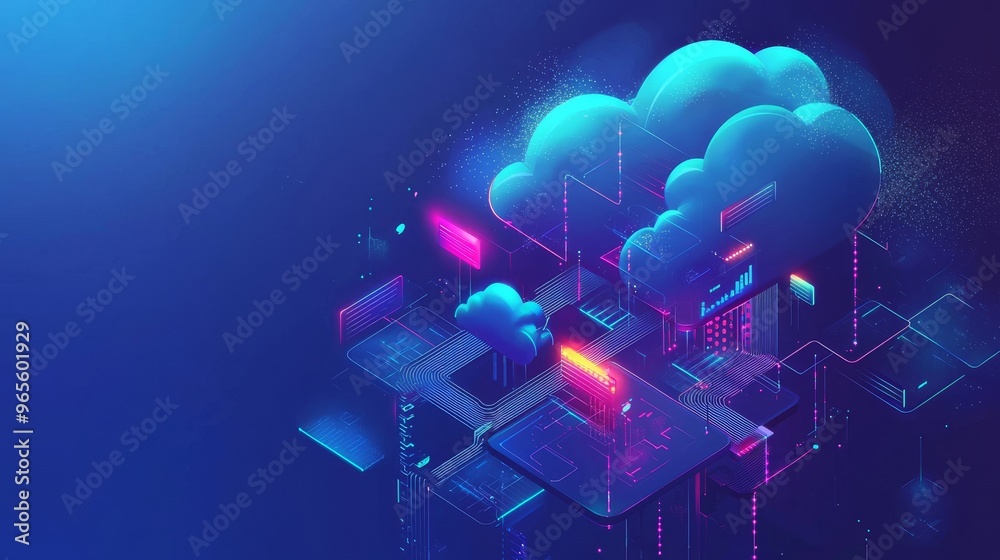 Aufkleber Cloud storage in an isometric grid, displaying a futuristic computer. It embodies network computing technology, enabling data transmission