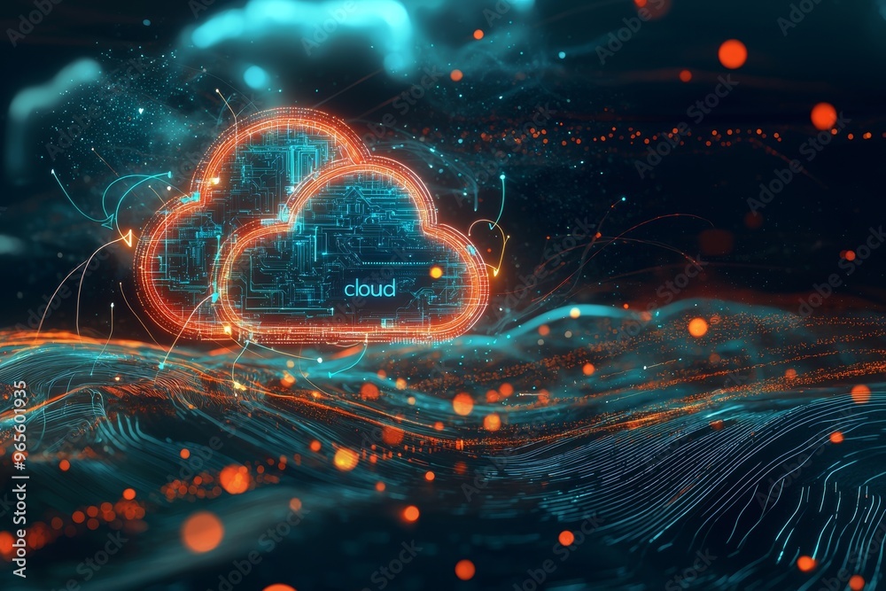 Poster Digital networking and communication in business with cloud computing concept web storage for data global social media ai server online binary illustration background modern futuristic