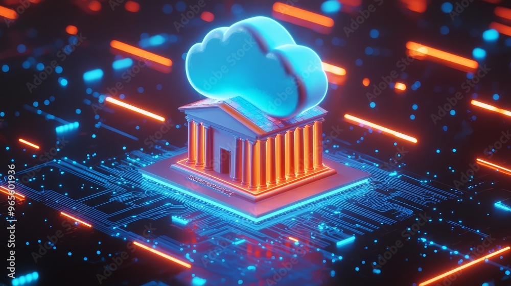Poster The animation depicts a futuristic 3D simulation of cloud computing technology merging with banking architecture, with a vibrant circuit board backdrop. It illustrates the concept of digital banking