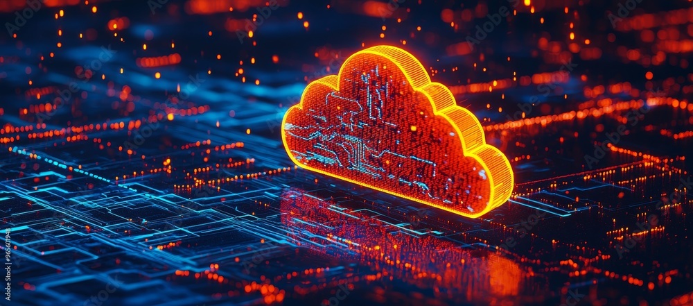 Aufkleber on a city background, a speeding train is depicted in a cloud computing image