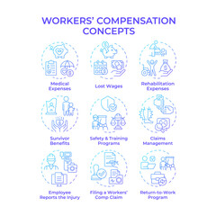Workers compensation blue gradient concept icons. Workplace safety, medical service. Injury treatment. Icon pack. Vector images. Round shape illustrations for infographic, presentation. Abstract idea
