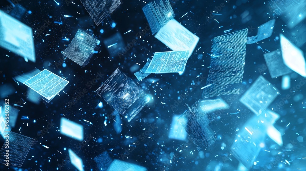 Poster The background is a luminous blue cyberspace with streams of flowing data and electronic components.
