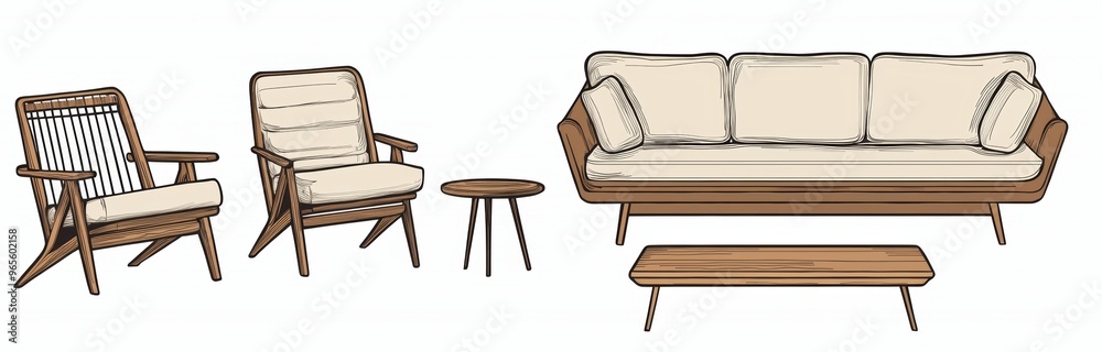 Aufkleber a set of elegant retro furniture and home interior objects of trendy boho style with hand-drawn blac