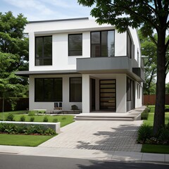 Modern luxury house with a well-manicured lawn..