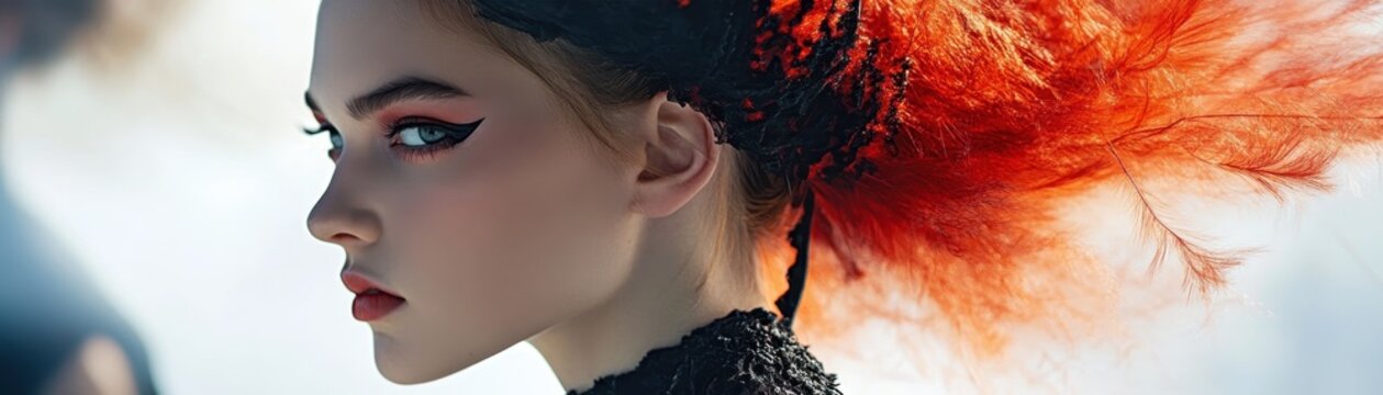 A striking model showcases avant garde fashion with dramatic makeup and unique hairstyle featuring vibrant red accents. artistic expression captures bold and theatrical essence