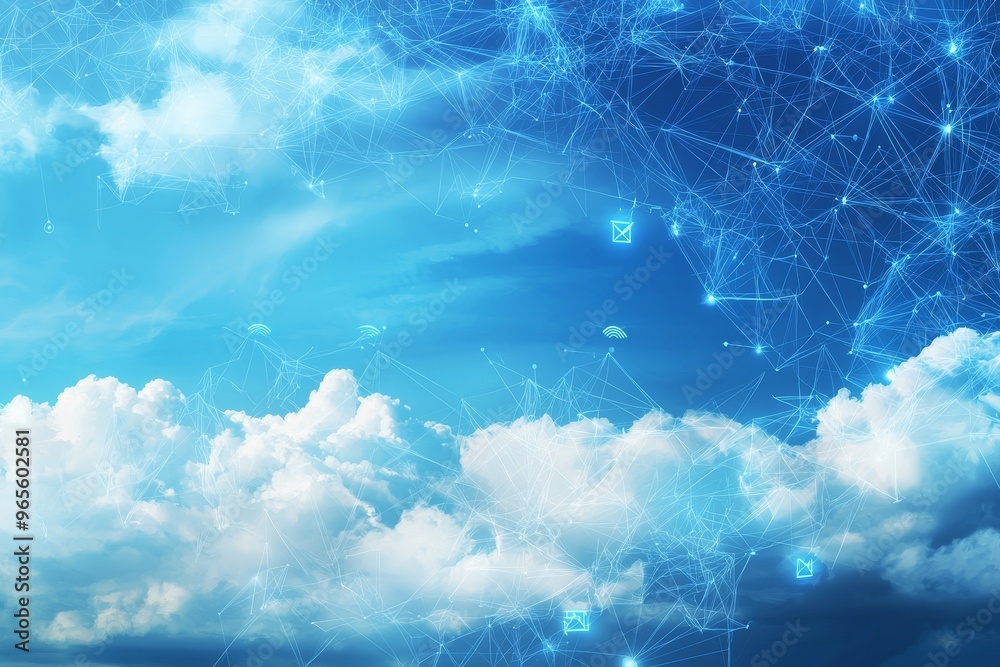 Poster digital connections symbolized by a stylized cloud symbol on a blue background