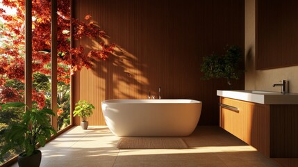 Elegant modern bathroom with freestanding bathtub, large windows, and autumn foliage outside, creating a serene and spa-like atmosphere.