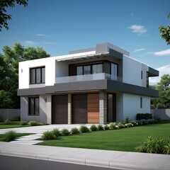 Modern luxury house with a well-manicured lawn..