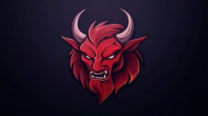 A red bull head with horns and a long beard, AI