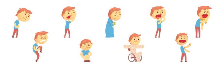 Fototapeta premium Boy Character Feel Unwell Suffer from Disease Symptoms Vector Set