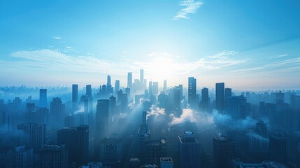 Fototapeta premium A Cityscape Bathed in Early Morning Light and Smog, Where Nature Meets Urban Life in a Striking Contrast
