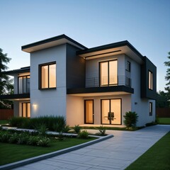 Fototapeta premium Modern luxury house with a well-manicured lawn..