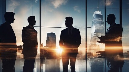二重露光の光が作り出す、チームワークとパートナーシップを象徴するビジネスマンたちのシルエット