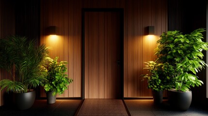 Fototapeta premium Minimalistic modern entrance featuring a wooden door, ambient lighting, and lush green potted plants on either side. Perfect for interior design.