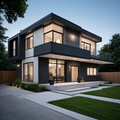 Modern luxury house with a well-manicured lawn..