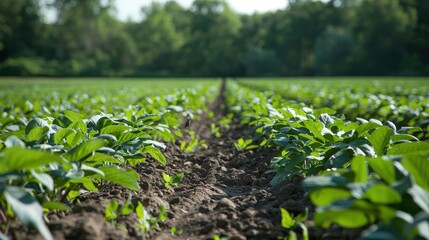 A solemn view of a field reveals crops struggling against pesticide runoff, highlighting environmental impacts on agriculture.