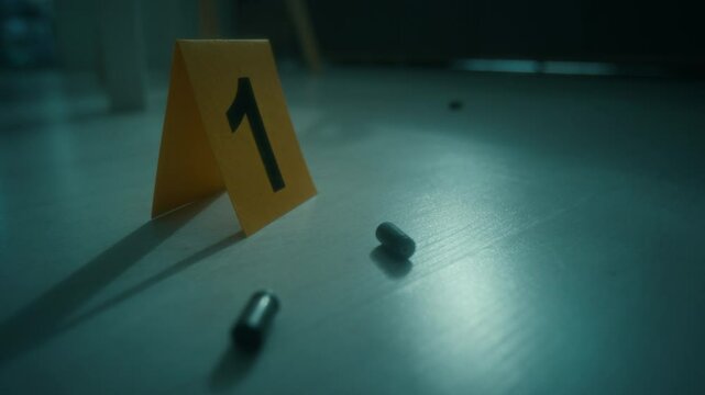 Close up shot of hand of forensic professional placing yellow evidence marker labeled 1 beside two small bullet casings on floor at crime scene