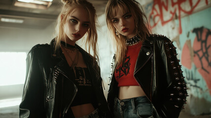 Punk rock fashion editorial featuring models in studded leather jackets and edgy outfits, showcasing rebellious spirit in an urban setting
