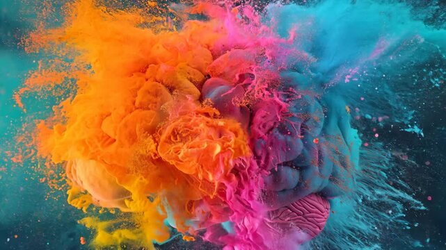 vibrant and dynamic illustration of a human brain, split into two hemispheres, with splashes of colorful paint exploding outward