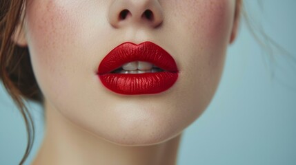 Fototapeta premium Lips with vibrant red lipstick against light skin