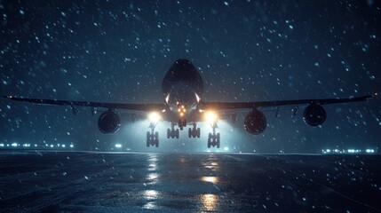 Naklejka premium Intense Night Landing of Jumbo Jet in Snowstorm, Runway Lights Glowing Dimly Amidst Heavy Snowfall, Bright Headlights Piercing Snow